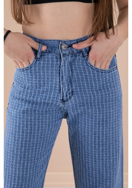 Mavi Geniş Paça Desenli Kız Çocuk Beli Lastikli Jean Pantolon 20274 fiyatları