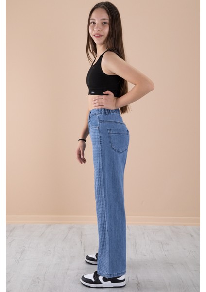 Mavi Geniş Paça Desenli Kız Çocuk Beli Lastikli Jean Pantolon 20274 modelleri
