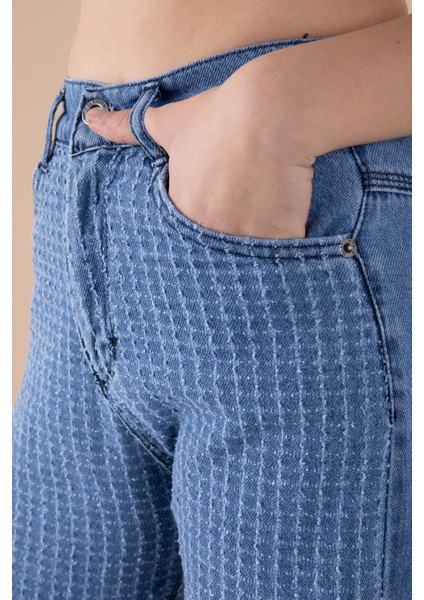 Mavi Geniş Paça Desenli Kız Çocuk Beli Lastikli Jean Pantolon 20274 indirimleri