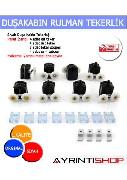 Ayrıntıshop Siyah Duşa Kabin Tekerleği 8 Li Set