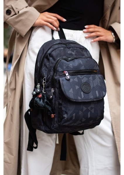 Çok Cepli Kadın Sırt Çantası Orta Boy Günlük HV3003 Siyah Desenli