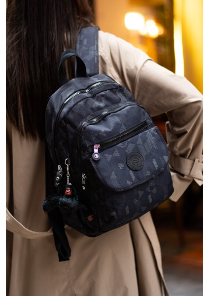 Çok Cepli Kadın Sırt Çantası Orta Boy Günlük HV3003 Siyah Desenli fiyatları