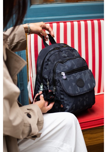 Çok Cepli Kadın Sırt Çantası Orta Boy Günlük HV3003 Siyah Desenli modelleri