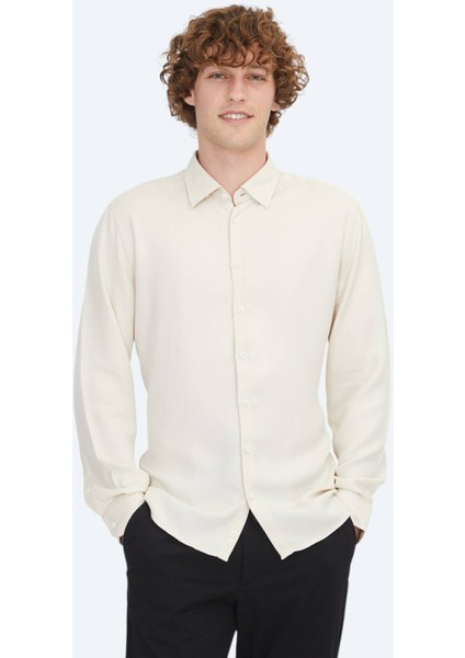 Ekru Regular Fit Dokuma Casual Gömlek