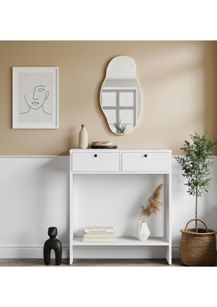 Asimetrik Aynalı Dresuar 2 Kapaklı Hol Antre Beyaz 80CM No1