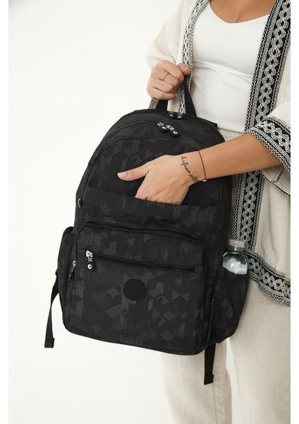 Çok Cepli Kadın Sırt Çantası Büyük Boy Okul ve Günlük HV3062 Siyah Desenli indirimleri