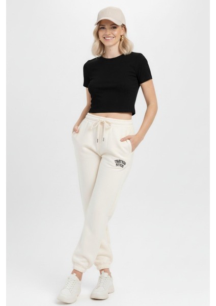 Ekru Yazı Nakışlı Kadın Jogger Eşofman Altı 9219M