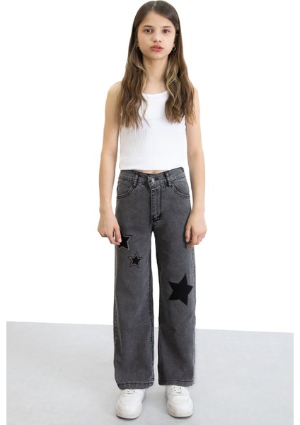 Siyah Beli Lastikli Geniş Paça Kız Çocuk Payetli Jean Pantolon 20771