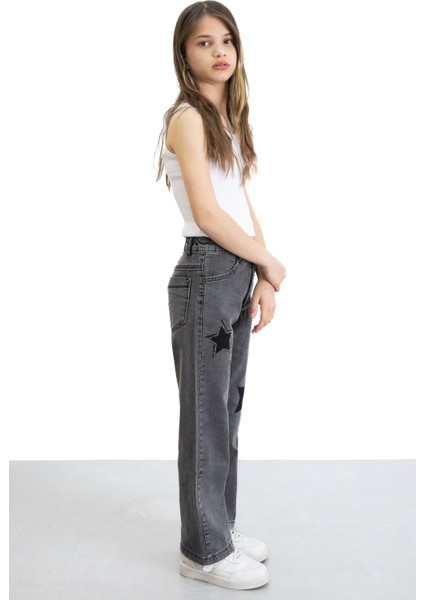 Siyah Beli Lastikli Geniş Paça Kız Çocuk Payetli Jean Pantolon 20771 fiyatları