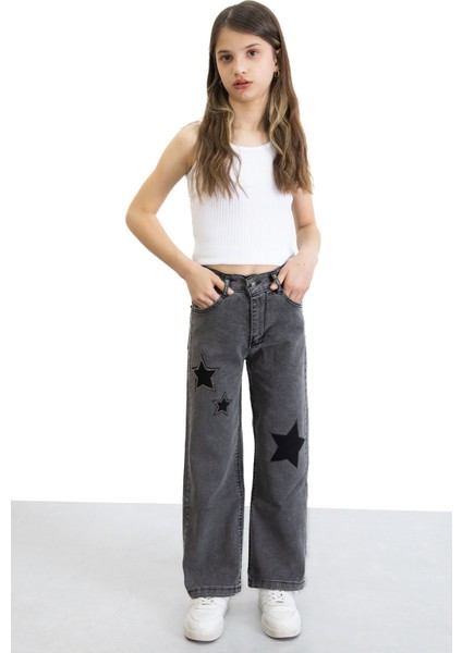 Siyah Beli Lastikli Geniş Paça Kız Çocuk Payetli Jean Pantolon 20771 fırsatları
