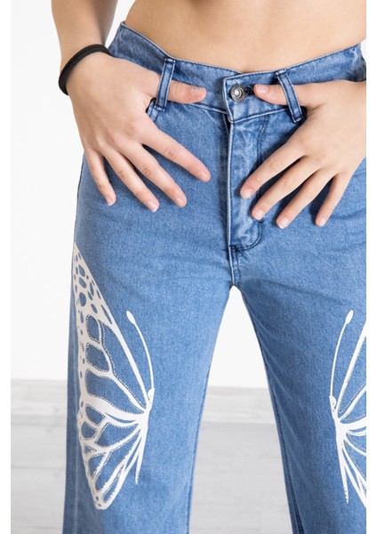 Mavi Kelebek Baskı Geniş Paça Kız Çocuk Jean Pantolon 20276 modelleri