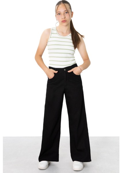 Siyah Geniş Paça Yanları Şeritli Kız Çocuk Jean Pantolon 21123