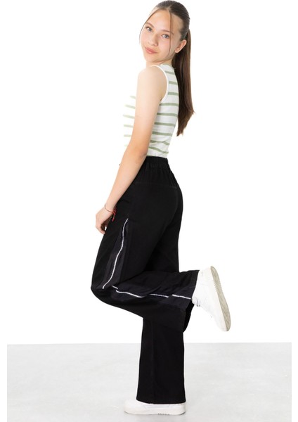 Siyah Geniş Paça Yanları Şeritli Kız Çocuk Jean Pantolon 21123 modelleri