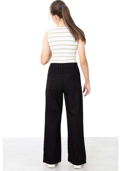 Siyah Geniş Paça Yanları Şeritli Kız Çocuk Jean Pantolon 21123 fırsatları