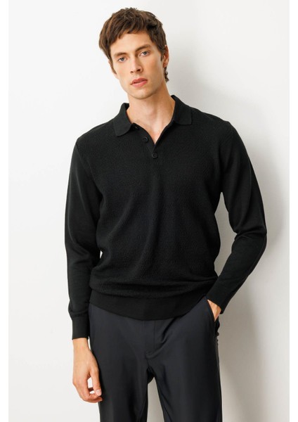 Erkek Polo Yaka Önü Baklavalı Triko Kazak Siyah