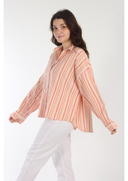 5593 Kalın İnce Çizgili Arkası Uzun Gömlek