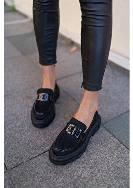 Dimatali Kadin Siyah Suet Siyah Rugan Parçali Ayakkabı