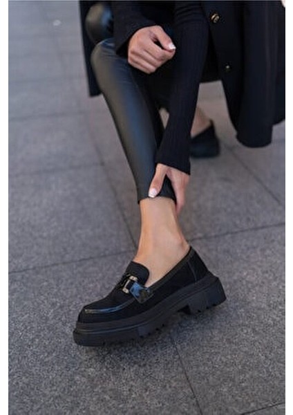 Dimatali Kadin Siyah Suet Siyah Rugan Parçali Ayakkabı modelleri