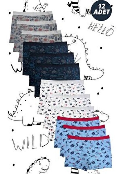 12’li Asortili Erkek Çocuk Likralı Desenli Boxer