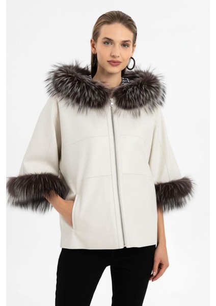 Lulu Beyaz Panço Çift Taraflı Hakiki Deri Mont