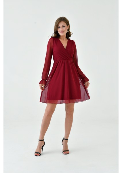 Kadın Şifon Kruvaze Curve Volanlı Esnek Tül Uzun Kol Şık Büyük Beden Elbise