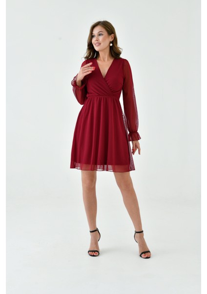 Kadın Şifon Kruvaze Curve Volanlı Esnek Tül Uzun Kol Şık Büyük Beden Elbise fiyatları