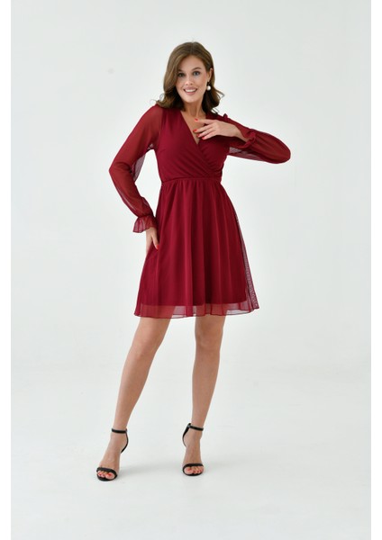 Kadın Şifon Kruvaze Curve Volanlı Esnek Tül Uzun Kol Şık Büyük Beden Elbise fırsatları