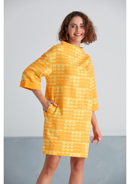 Kadın Turuncu Sarı Geometrik Desenli Oversize Büyük Beden Curve Spor Şık Elbise fırsatları