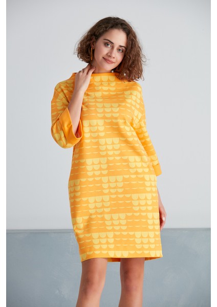 Kadın Turuncu Sarı Geometrik Desenli Oversize Büyük Beden Curve Spor Şık Elbise indirimleri