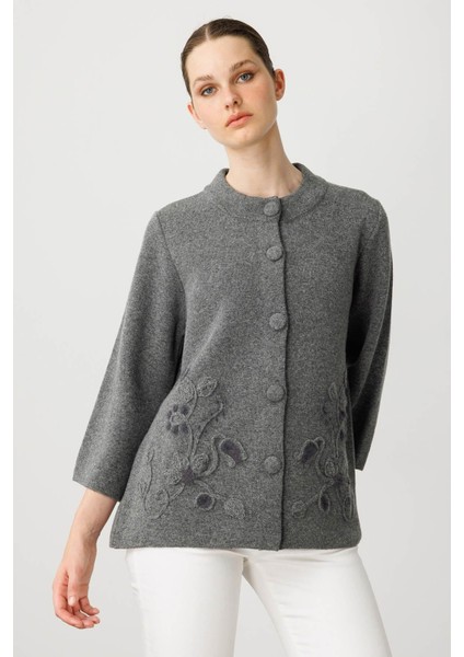 Kadın Dik Yaka Çiçek Desenli Kısa Yün Ceket Füme