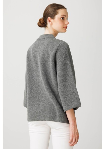 Kadın Dik Yaka Çiçek Desenli Kısa Yün Ceket Füme modelleri