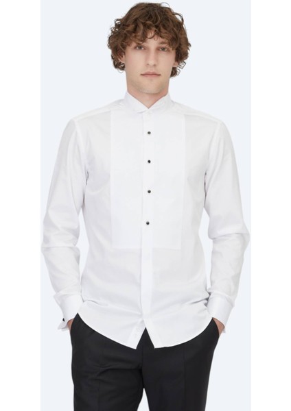 Beyaz Düz Slim Fit Duble Manşet Ata Yaka Smokin Gömlek