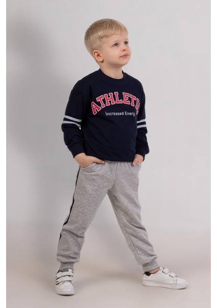 Erkek Çocuk 3 Iplik Sweatshirt & Gri Eşofman Altı 2’li Takım – Spor Günlük Kombin 4073 Lacivert