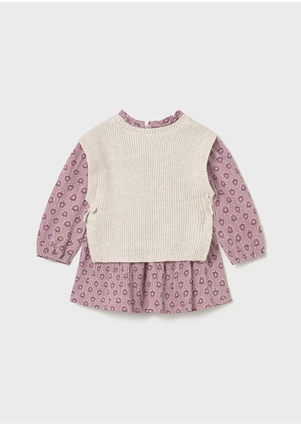 Kız Bebek 2’li Takım (1-4 Yaş) – Çiçek Desenli Pembe Elbise ve Bej Örme Yelek modelleri