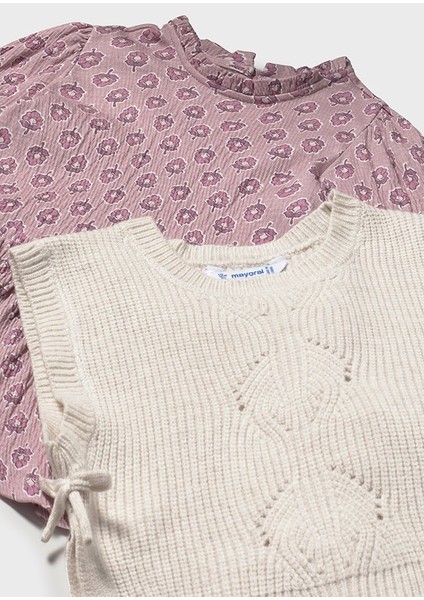 Kız Bebek 2’li Takım (1-4 Yaş) – Çiçek Desenli Pembe Elbise ve Bej Örme Yelek fırsatları