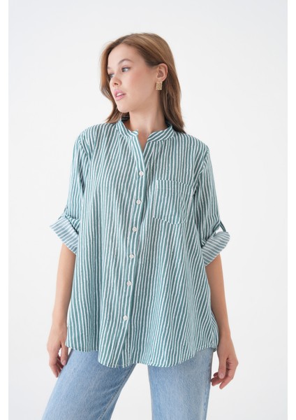 Kadın Hakim Yaka Geniş Kalıp Tesettüre Uygun Çizgili Spor Şık Curve Gömlek