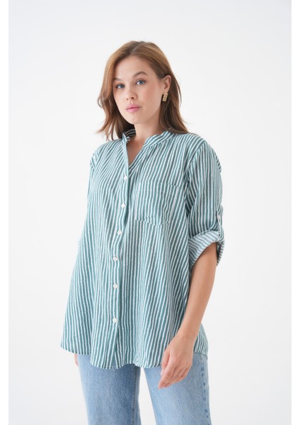 Kadın Hakim Yaka Geniş Kalıp Tesettüre Uygun Çizgili Spor Şık Curve Gömlek fiyatları