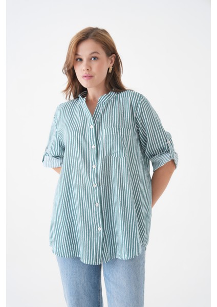 Kadın Hakim Yaka Geniş Kalıp Tesettüre Uygun Çizgili Spor Şık Curve Gömlek modelleri