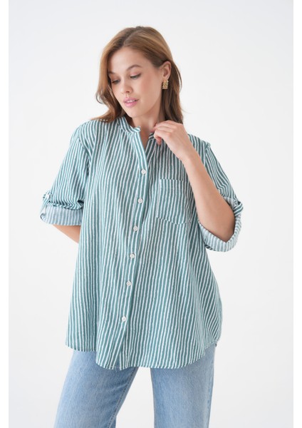 Kadın Hakim Yaka Geniş Kalıp Tesettüre Uygun Çizgili Spor Şık Curve Gömlek fırsatları
