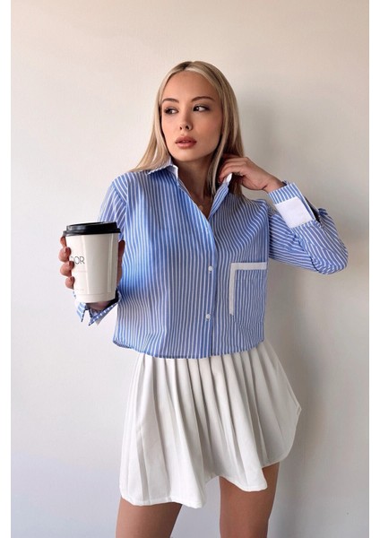 Kadın Özel Tasarım Çizgi Garni Crop Boy Uzun Kol Çift Manşetli Bluz Kısa Gömlek
