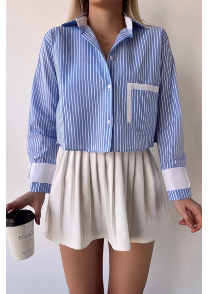 Kadın Özel Tasarım Çizgi Garni Crop Boy Uzun Kol Çift Manşetli Bluz Kısa Gömlek fiyatları