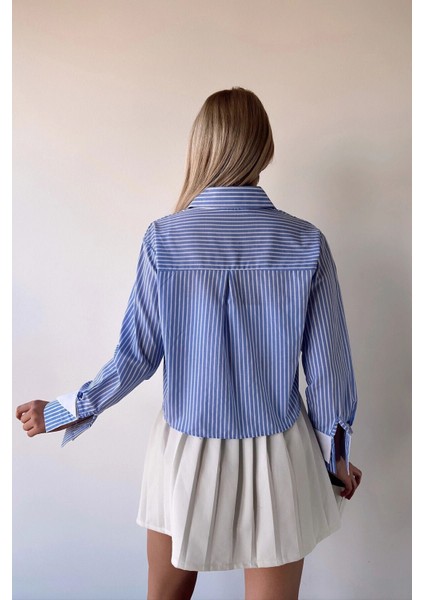 Kadın Özel Tasarım Çizgi Garni Crop Boy Uzun Kol Çift Manşetli Bluz Kısa Gömlek modelleri