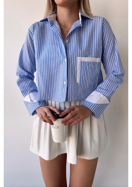 Kadın Özel Tasarım Çizgi Garni Crop Boy Uzun Kol Çift Manşetli Bluz Kısa Gömlek fırsatları