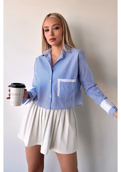 Kadın Özel Tasarım Çizgi Garni Crop Boy Uzun Kol Çift Manşetli Bluz Kısa Gömlek indirimleri