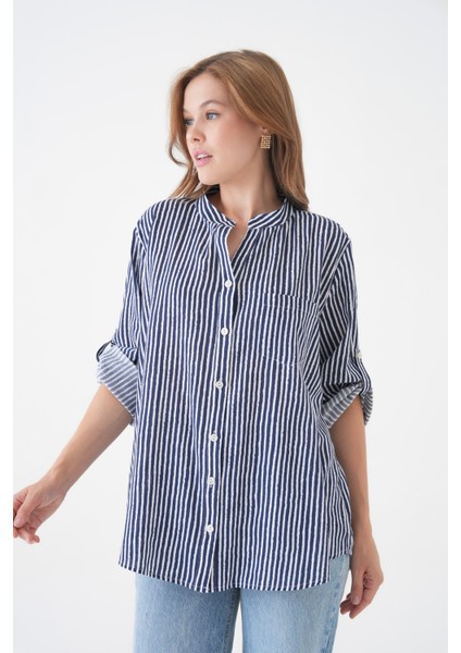 Kadın Hakim Yaka Geniş Kalıp Tesettüre Uygun Çizgili Spor Şık Curve Gömlek