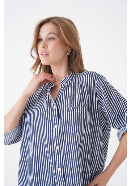 Kadın Hakim Yaka Geniş Kalıp Tesettüre Uygun Çizgili Spor Şık Curve Gömlek fiyatları