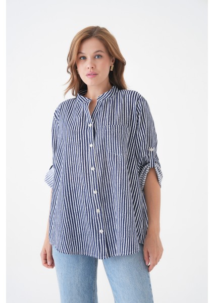 Kadın Hakim Yaka Geniş Kalıp Tesettüre Uygun Çizgili Spor Şık Curve Gömlek modelleri