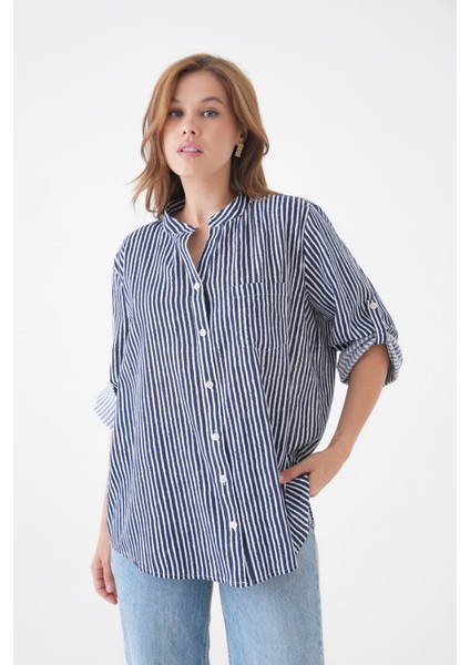 Kadın Hakim Yaka Geniş Kalıp Tesettüre Uygun Çizgili Spor Şık Curve Gömlek indirimleri