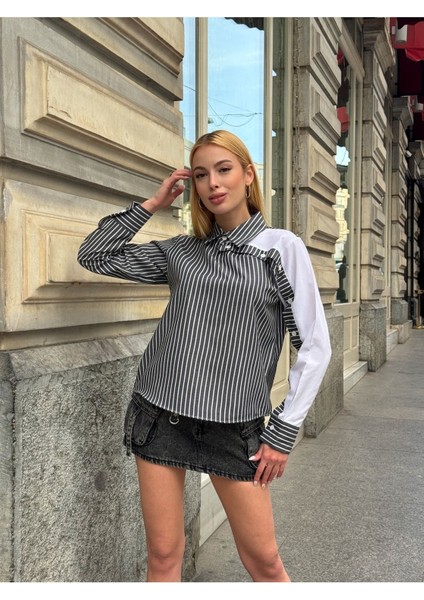 Kadın Özel Tasarım Yaka Kol Düğmeli Çizgili Garnili Bluz Boy Pamuk Curve Şık Gömlek