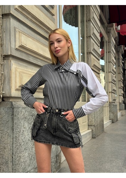 Kadın Özel Tasarım Yaka Kol Düğmeli Çizgili Garnili Bluz Boy Pamuk Curve Şık Gömlek fiyatları